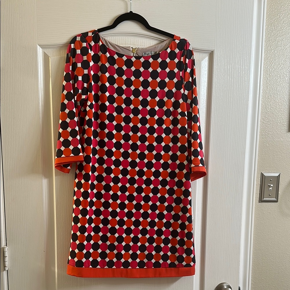 Eliza J Red and Black Sheath Dress 3/4 Sleeve Crew Neck Midi